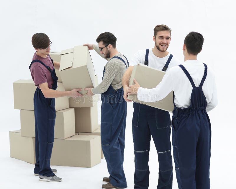 Movers Lifting Stack of Cardboard Moving Boxes Isolated on White Stock