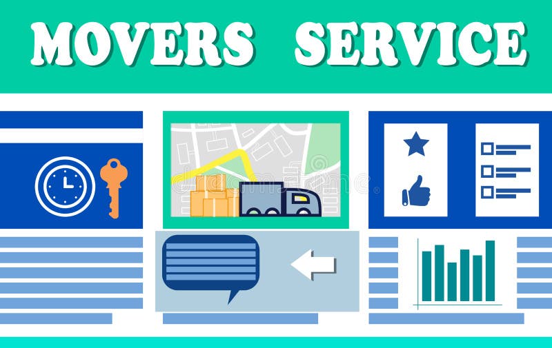 Movers service. Illustration of truck, map and different icons. Removals symbol illustrations