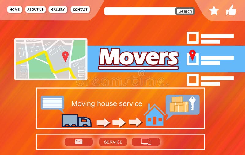 Movers service. Illustration of truck, map and different icons. Removals symbol illustrations