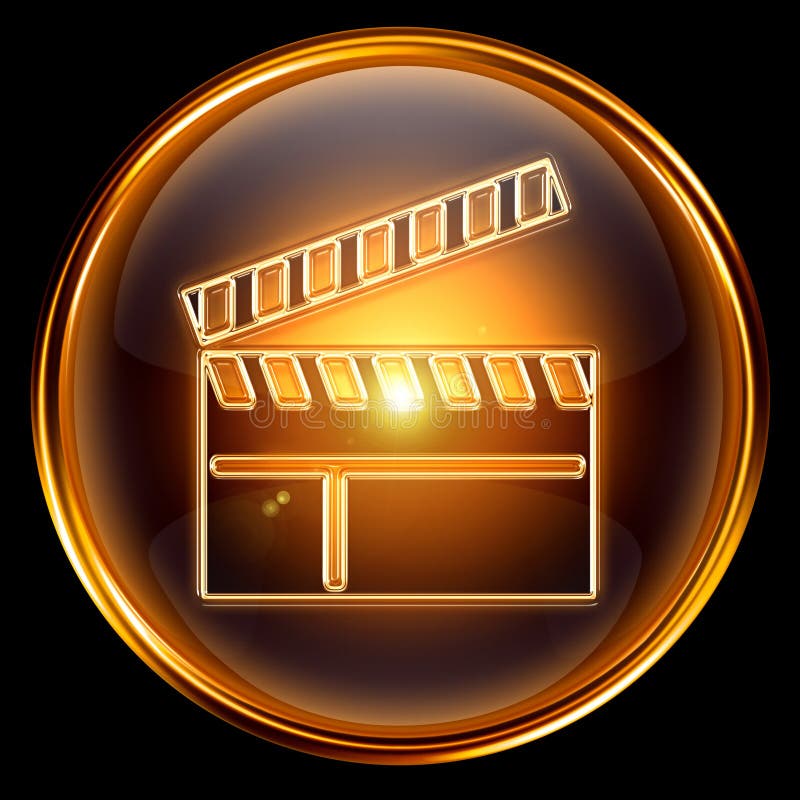 movie clapper board icon golden, isolated on black background