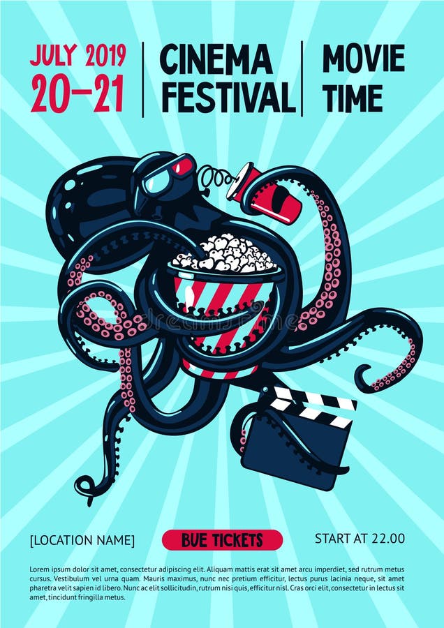 Movie Festival Poster with Octopus and Cinema Equipment. Cinematography Web Banner Template. Cartoon Vector Illustration Stock Vector - Illustration of animal, comic: 136486773 Movie Festival Poster with Octopus and Cinema Equipment. Cinematography Web Banner Template. Cartoon Vector Illustration Stock Vector - Illustration of animal, comic: 136486773