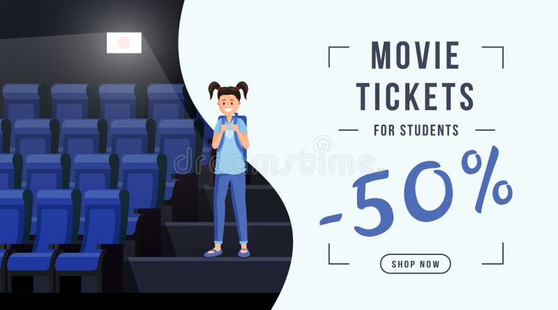Movie tickets sale web banner template. Schoolkid visiting cinema with 50 percent ticket cost discount. Movie theater royalty free illustration Movie tickets sale web banner template. Schoolkid visiting cinema with 50 percent ticket cost discount. Movie theater royalty free illustration