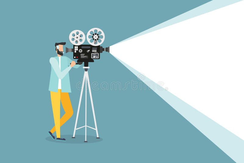 Movie time concept. Template for movie poster, banner, man shows a movie. Movie projector illustration Vector