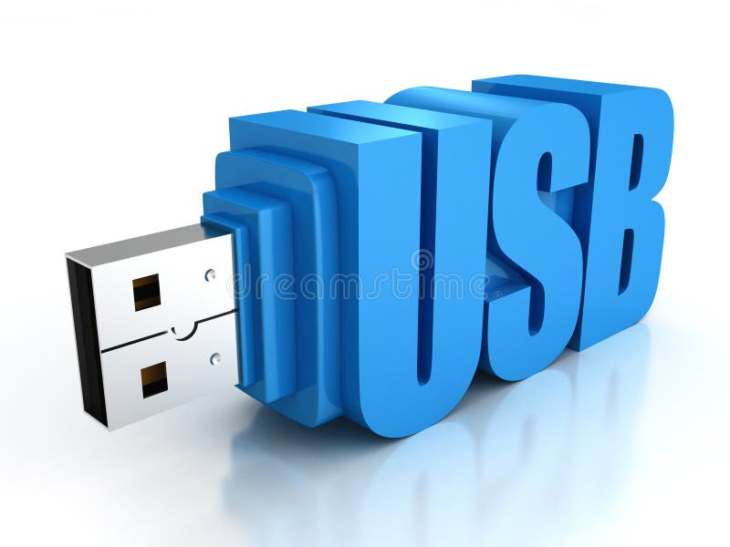 Blue usb flash drive on a white background. 3d render illustration. Blue usb flash drive on a white background. 3d render illustration