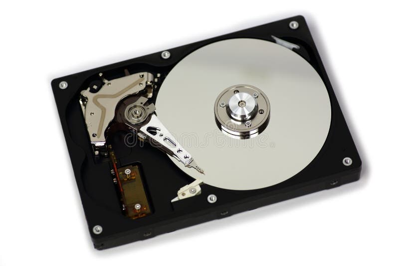 Movimentação de disco duro HDD com o aberto da tampa superior isolado no fundo branco imagens de stock Movimentação de disco duro HDD com o aberto da tampa superior isolado no fundo branco imagens de stock