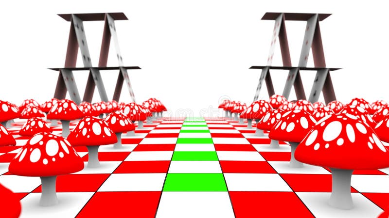 Movimiento de una visión a lo largo de la amanita y de los naipes en el tablero de ajedrez con la máscara 3D-rendering UHD - 4K