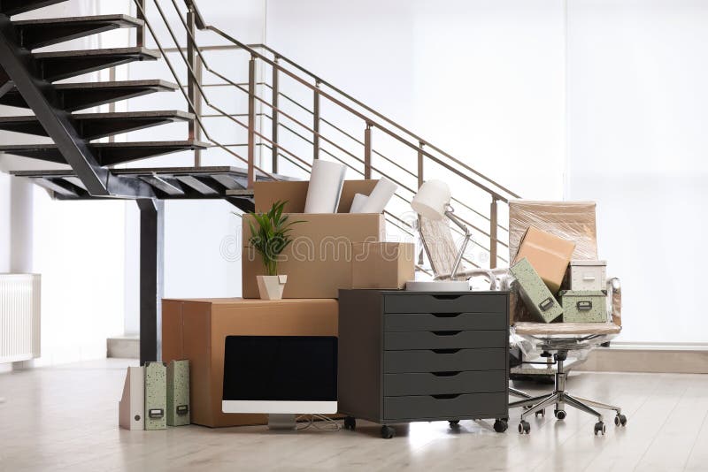Moving boxes and furniture stock photo. Image of rent 142365826