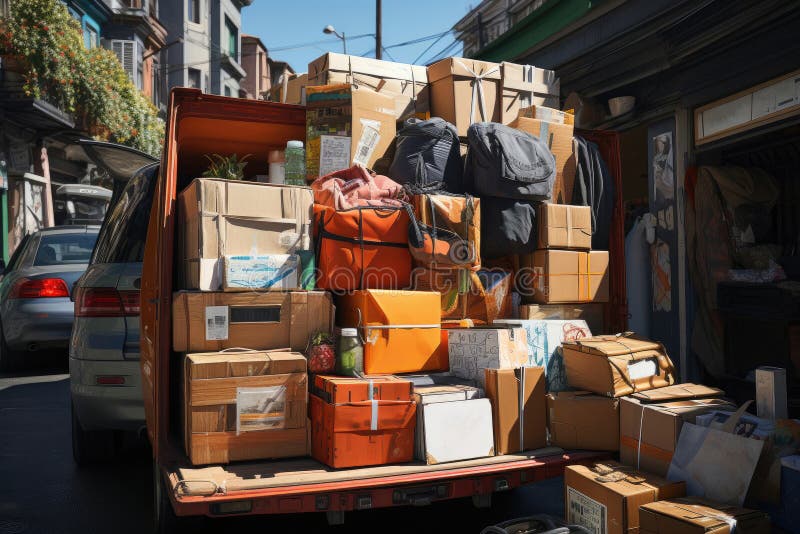 Moving Boxes with Things in an Open Van of a Greyhound Car Stock