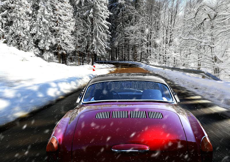 Moving car on snowy winter road