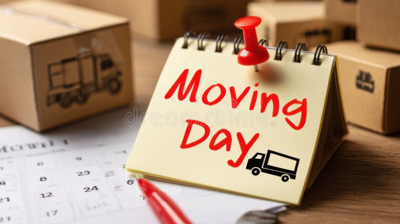 Moving day preparations with calendar, notes, and packing boxes in a bright, organized workspace stock photography