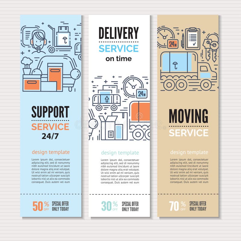 Print or web banners design template for delivery, moving service or trucking industry. Line style illustration. Ideal for business layout. Print or web banners design template for delivery, moving service or trucking industry. Line style illustration. Ideal for business layout.