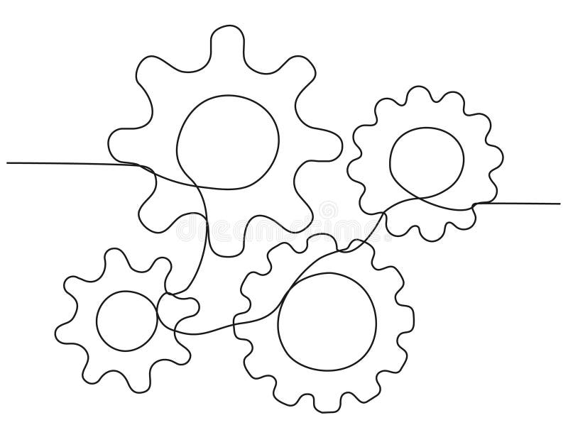 Moving Gears Wheels.One Continuous Line Vector Illustration. Stock