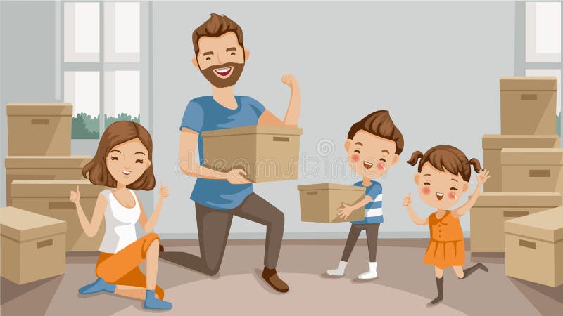 Family moving packing and unpacking boxes, husband and wife, son, daughter, celebrating or exhausted at the end of packing. cartoon character parents and lovely children. Vector illustration isolated. Family moving packing and unpacking boxes, husband and wife, son, daughter, celebrating or exhausted at the end of packing. cartoon character parents and lovely children. Vector illustration isolated.