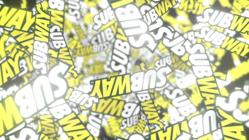 Many moving logos of SUBWAY. Editorial loopable motion background vector illustration
