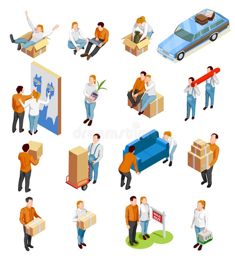 Moving people isometric collection of isolated human characters goods boxes and furniture for the new apartment vector illustration. Moving people isometric collection of isolated human characters goods boxes and furniture for the new apartment vector illustration