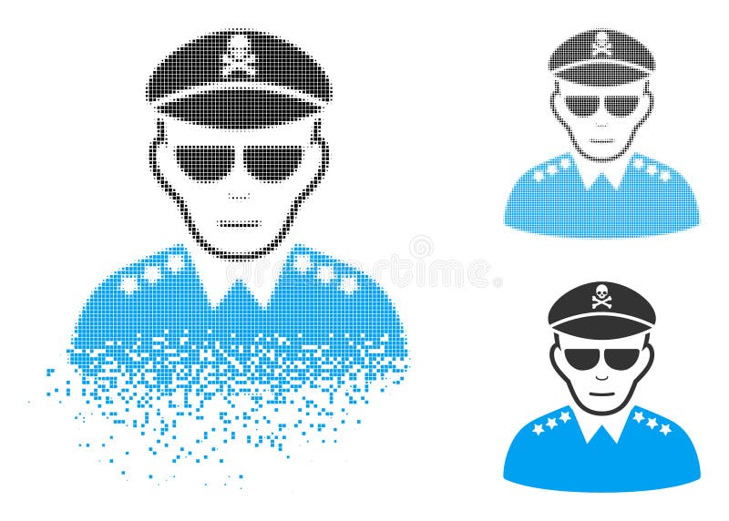 Moving Pixel Halftone Evil Army General Icon with Face vector illustration