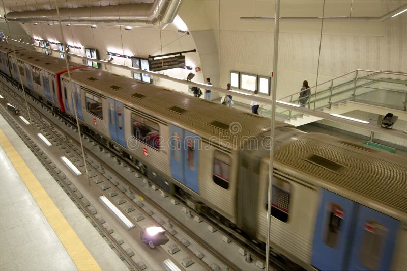 Moving subway train