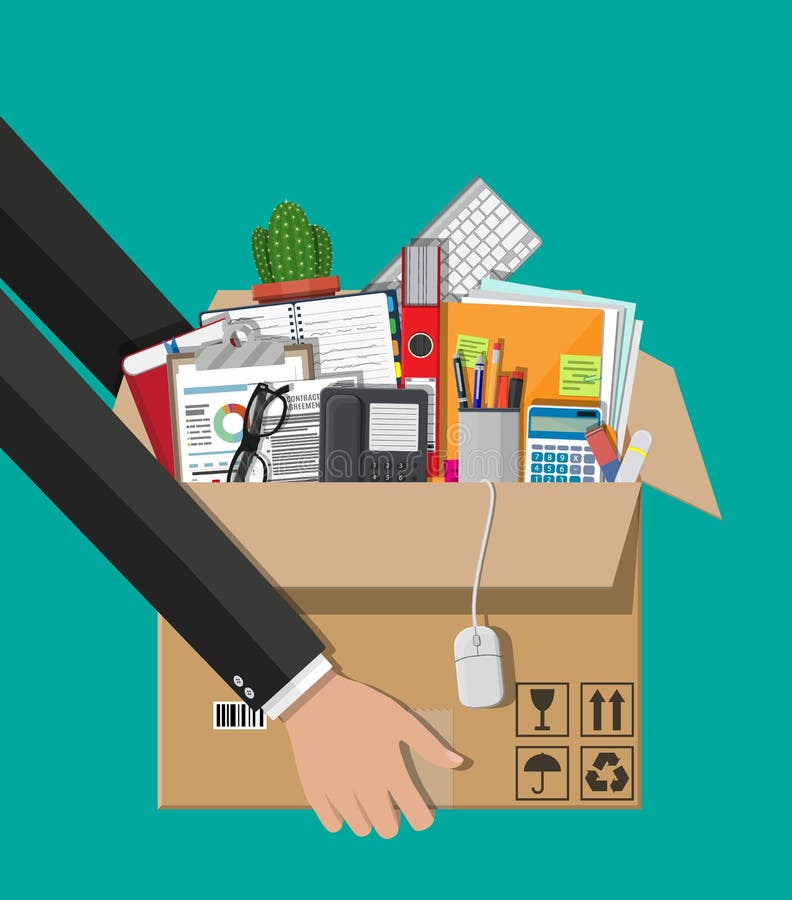 Moving to new office. Cardboard box in hand with folder, document paper, contract, calculator, pen, eyeglasses, book, ring binder, phone. Keyboard, mouse cactus Vector illustration in flat style