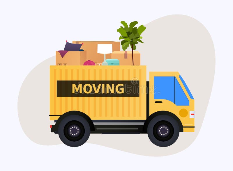 Moving truck and cardboard boxes. Moving House. Transport company. Vector illustration.