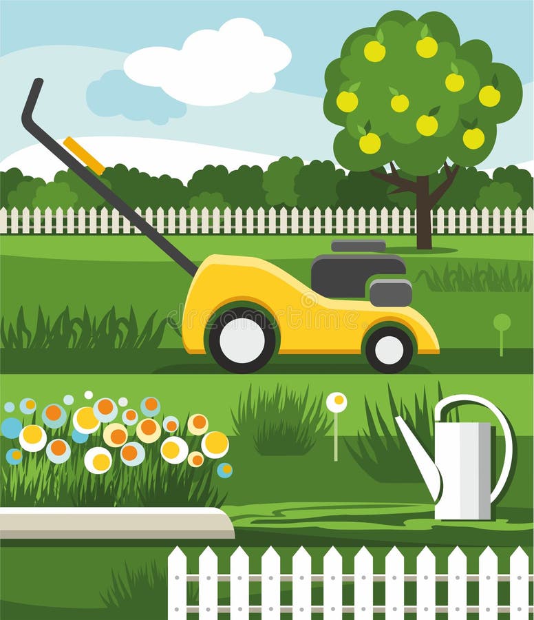 Mower, lawn, flowerbed, Apple