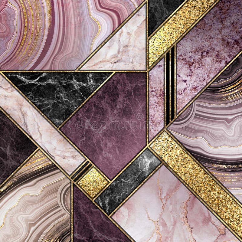 Mozaic abstract modern din marmură abstract art deco textură din piatră artificială din piatră purpurie din aur marmorat, geometri royalty free stock images
