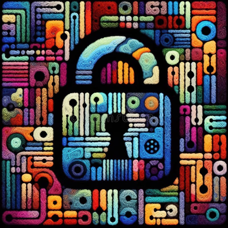 Mozaika artystyczna filmowa symbolem bezpiecznego blokowania danych reprezentującym toczącą się walkę o bezpieczeństwo cybernetycz royalty ilustracja