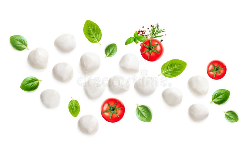 Mozarella, Basil leaf and Tomatoes isolated on white Backgroun