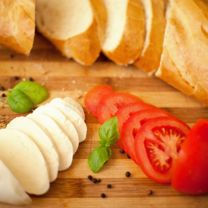 Mozarella Cheese with Fresh Tomatoes and Baguette Stock Image Image