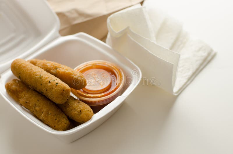 Mozarella Sticks in Takeout Container Stock Image - Image of meal ...