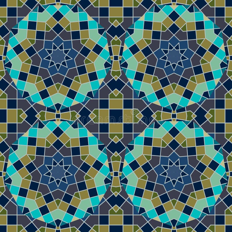 Mozaïek Arabisch naadloos patroon met elementen van heilige meetkunde in vector Keramische tegel in groene en donkerblauwe tonen stock illustratie Mozaïek Arabisch naadloos patroon met elementen van heilige meetkunde in vector Keramische tegel in groene en donkerblauwe tonen stock illustratie