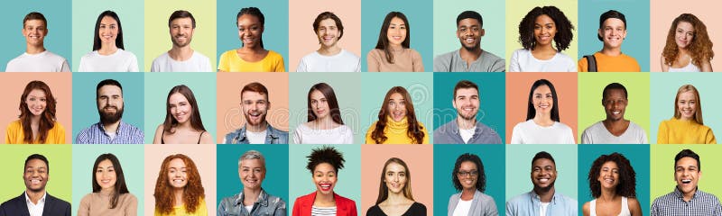 Mozaïek van gelukkige vrouwen en mannetjes portretteert over gekleurde achtergronden