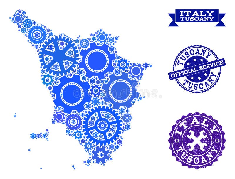 Mozaïekkaart van het Gebied van Toscanië met Toestellen en Rubberzegels voor de Diensten stock illustratie Mozaïekkaart van het Gebied van Toscanië met Toestellen en Rubberzegels voor de Diensten stock illustratie