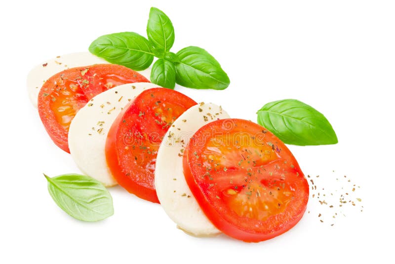 Mozzarella Cheese with Tomato and Basil Isolated on White Background