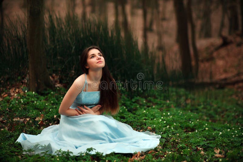 Moça romântica em um vestido azul longo, na floresta crepuscular imagem de stock royalty free Moça romântica em um vestido azul longo, na floresta crepuscular imagem de stock royalty free