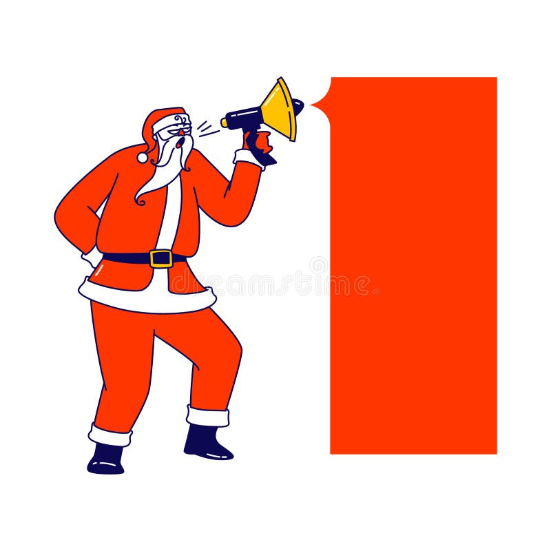 Moș Crăciun cu difuzor și banner mockup anunțând vânzarea de Crăciun. balon de vorbire gol caracter cu spațiu de copiere royalty free illustration