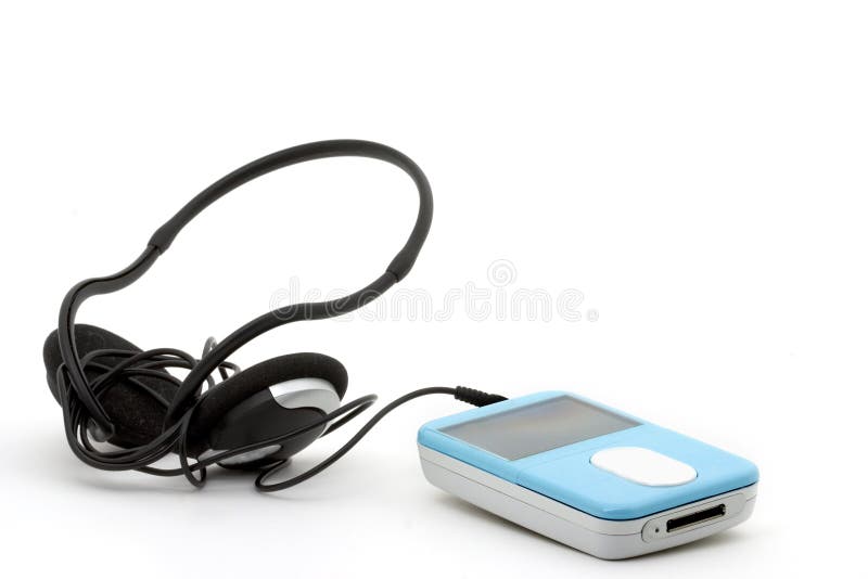 Blue mp3 player with headphones on a white background