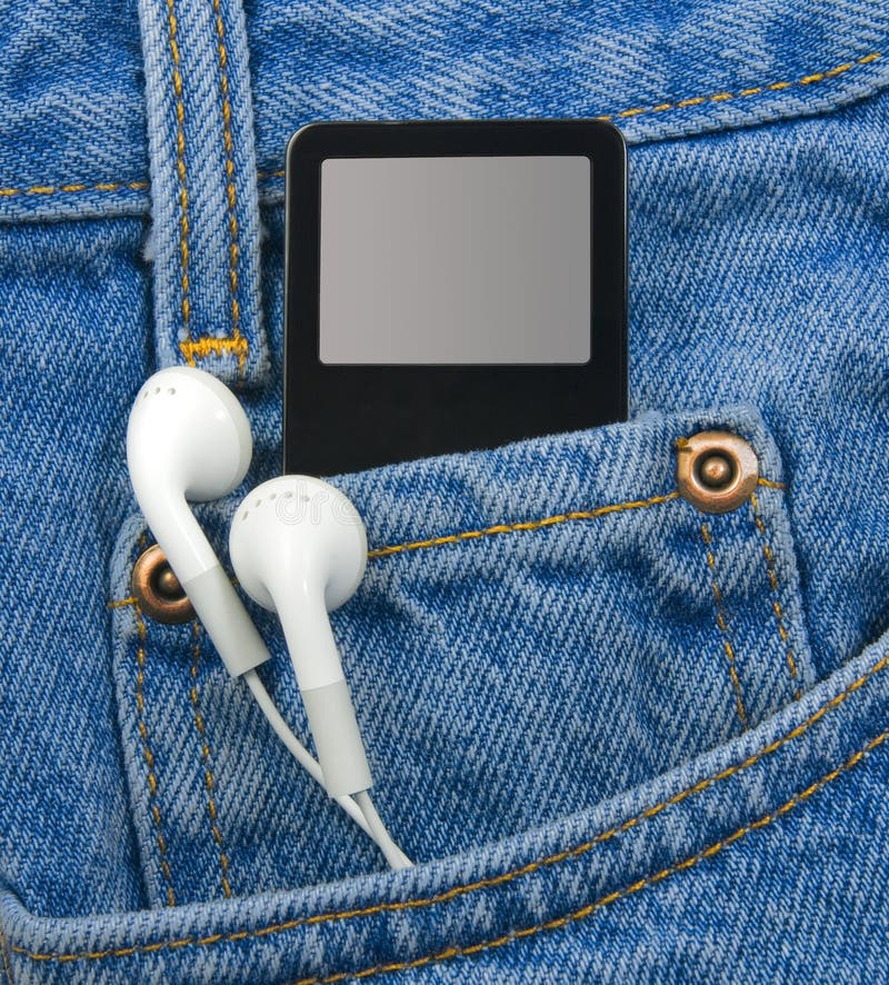 MP3 Player with Earphones in Jeans Pocket (includes clipping path for screen). MP3 Player with Earphones in Jeans Pocket (includes clipping path for screen)