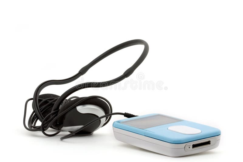 Blue MP3 player with headphones on a white background. Blue MP3 player with headphones on a white background