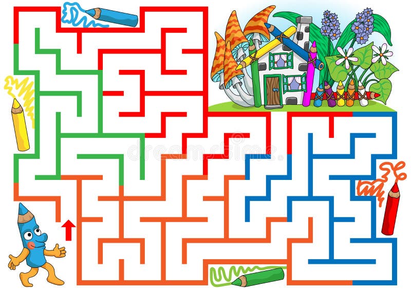 Help Mr. Pencil to find a path to house. Labyrinth for kids. Landscape, easy.