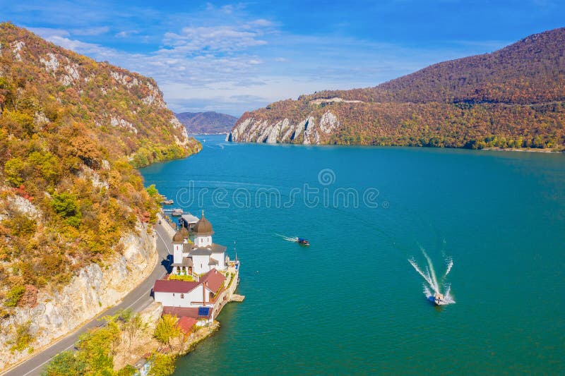 Aerial view of Danube river and Mraconia Monastery, in fall season, Romania. Aerial view of Danube river and Mraconia Monastery, in fall season, Romania