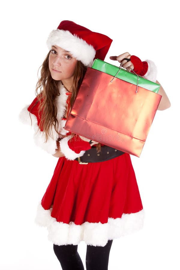 Mrs Santa holding up gift bag