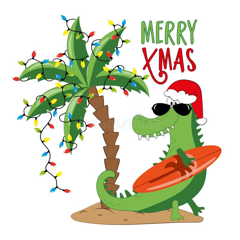 Mry xmas, lustig julkrokodil med surfboard på öar och palmträd stock illustrationer