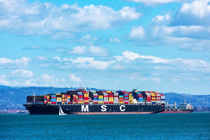 MSC Laurence container ship fully loaded with containers is anchored in San Francisco Bay