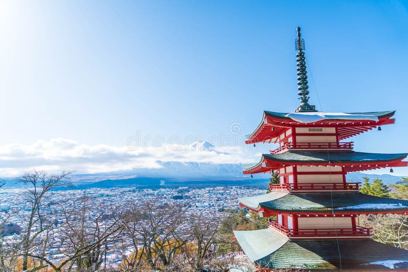 Mt Fuji With Chureito Pagoda In Autumn Fujiyoshida Stock Photo