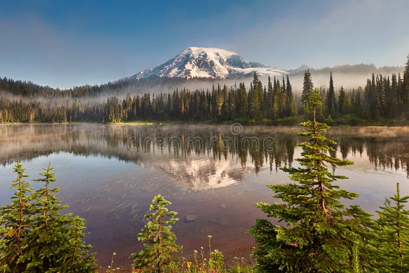 Mt Rainier and Reflection lake in morning royalty free stock photography