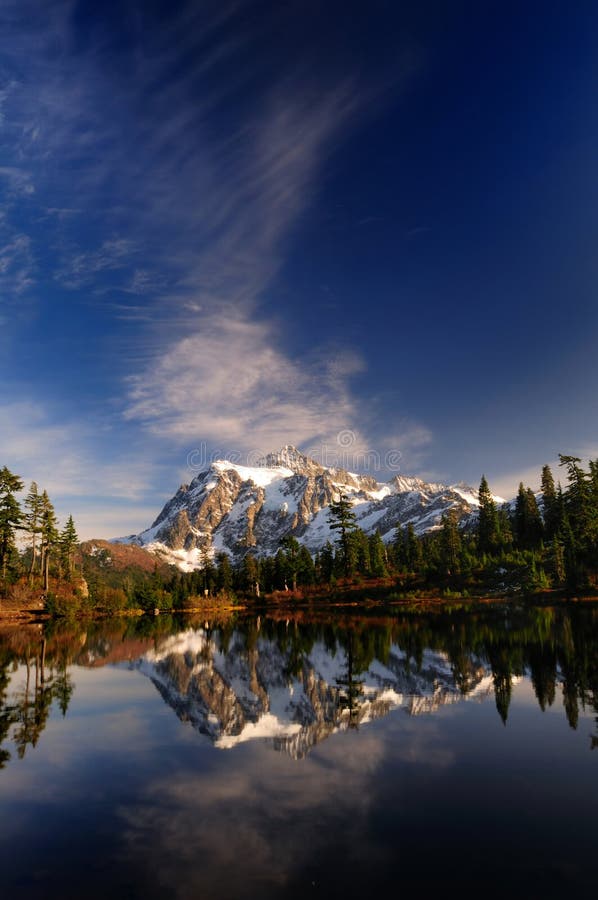 A vertically oriented wide angle picture perfect shot of Mount Shuksan reflected across Picture Lake. A vertically oriented wide angle picture perfect shot of Mount Shuksan reflected across Picture Lake