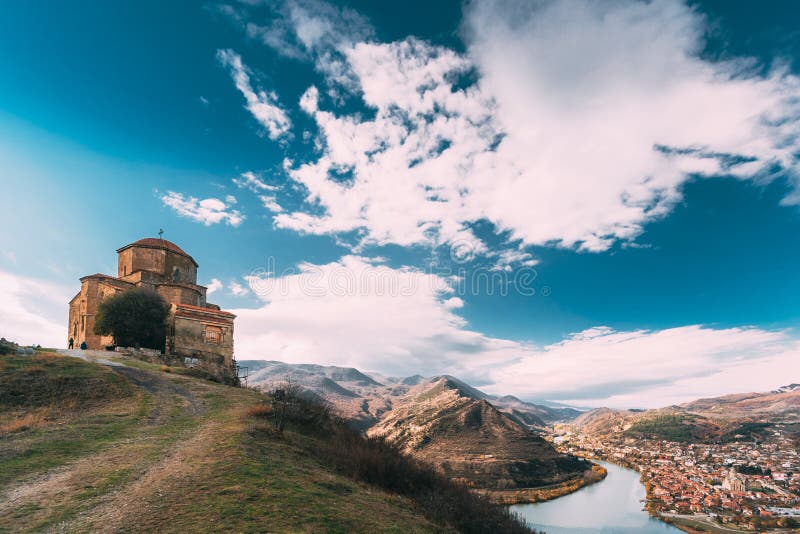 Mtskheta, Georgia. Jvari, Georgian Orthodox Monastery, World Heritage By UNESCO Ancient Temple. Town Located At Valley royalty free stock images Mtskheta, Georgia. Jvari, Georgian Orthodox Monastery, World Heritage By UNESCO Ancient Temple. Town Located At Valley royalty free stock images