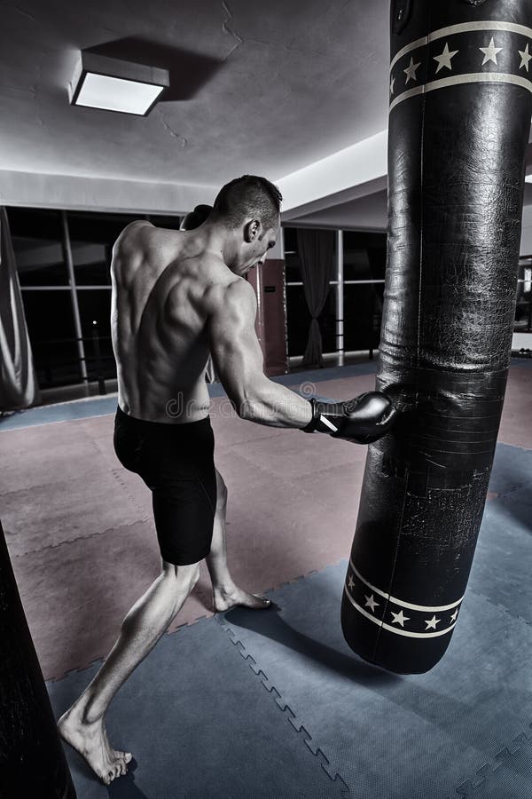 Muay Thai Fighter Working with Heavy Bag Stock Image - Image of ...