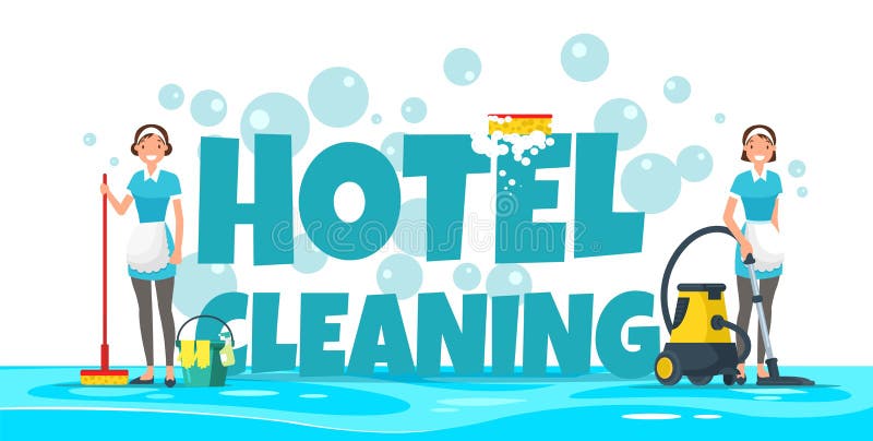 Hotel Cleaning Flat Cartoon Banner Vector Illustration. Bubbles and Washcloth on Letters. Women Standing with Vacuum Cleaner and Mop With Bucket for Wiping or Washing Floor. Maids in Uniform. Hotel Cleaning Flat Cartoon Banner Vector Illustration. Bubbles and Washcloth on Letters. Women Standing with Vacuum Cleaner and Mop With Bucket for Wiping or Washing Floor. Maids in Uniform.