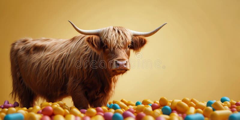 Mucca di alta montagna circondata da pillole colorate su fondo giallo. illustrazione vettoriale